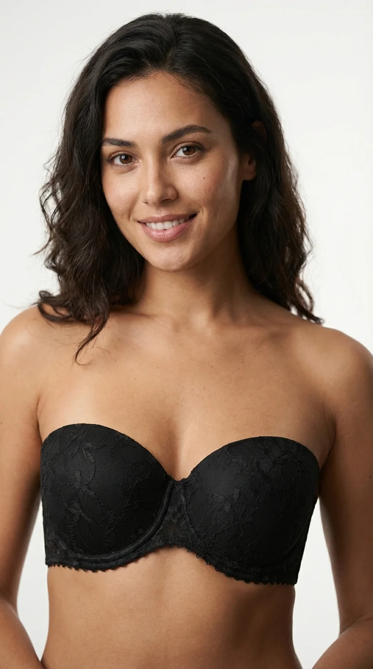 LunaIntim Siyah Dantel Kaplı Straplez Sütyen Push-Up Destekli Kaymaz Model - Yan Görünüm